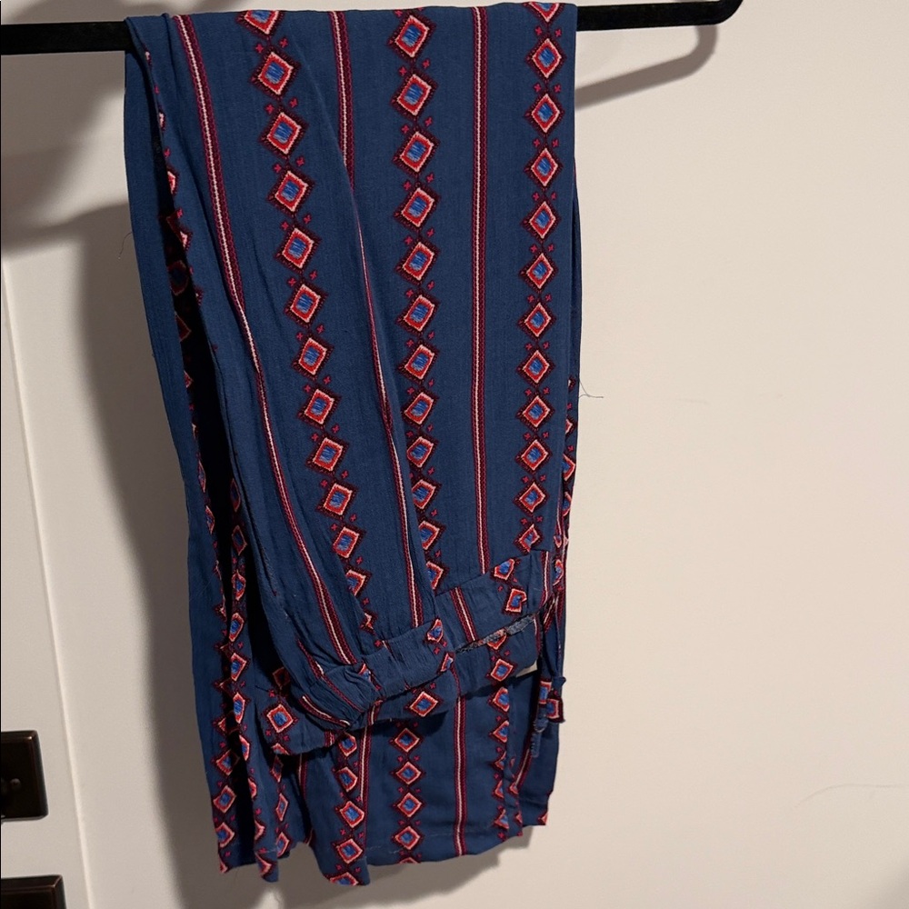 Straight Leg Women’s Pants in Navy with Red Geometric Print